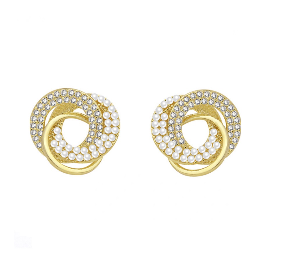 Unique Style Sweet Triple Ring Pearl Earrings Studs